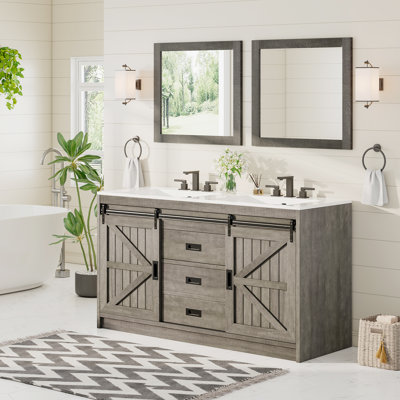 Meuble-lavabo double en bois manufacturé à 2 tiroirs et 2 portes Chimira