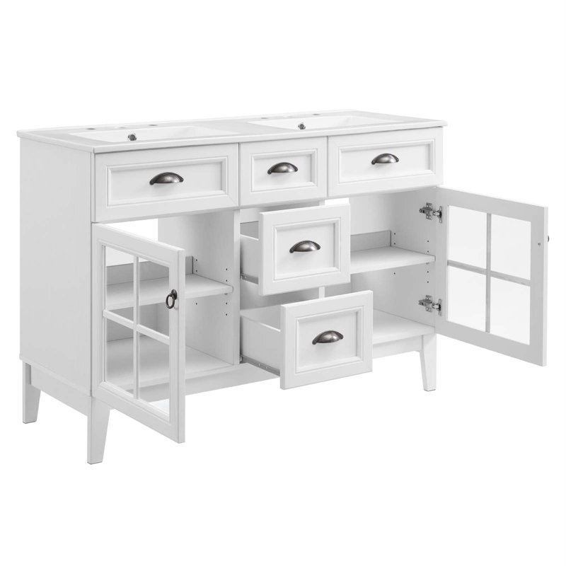 Isle 48" White Double Sink Bathroom Vanity Cabinet with Glass Doors