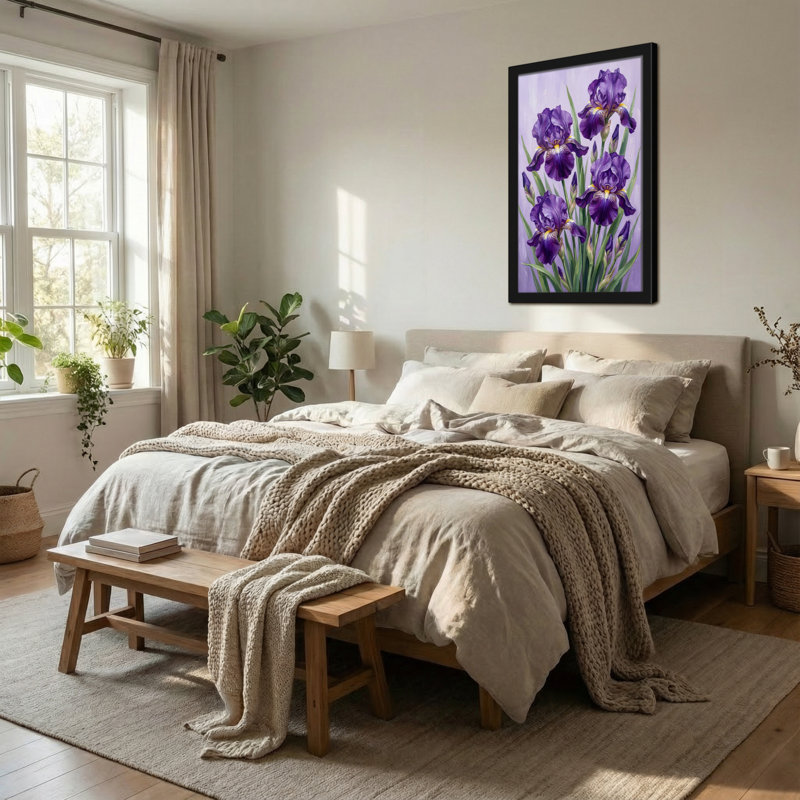Plantes et fleurs, fleurs d'iris mauves sur toile, H 30 po x l 20 po