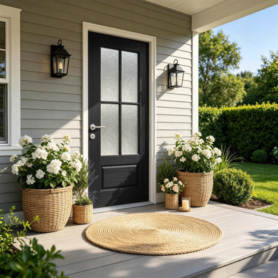 Porte d'entrée 36 "X 80" en fibre de verre durable à droite vers l'intérieur, porte d'entrée extérieure avec cadre en PVC blanc 4-9 / 16 ", moulure de brique et verre givré