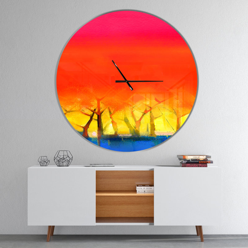 Arbre et ciel rouge printemps - horloge murale moderne, Surdimensionné