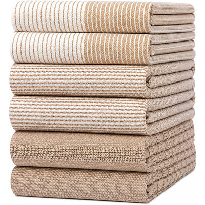 Tan Premium Kitchen Towels, 6-Pack Large Cotton Dish Towels, Flat & Terry Highly Absorbent Kitchen Linen Set with Hanging Loop
