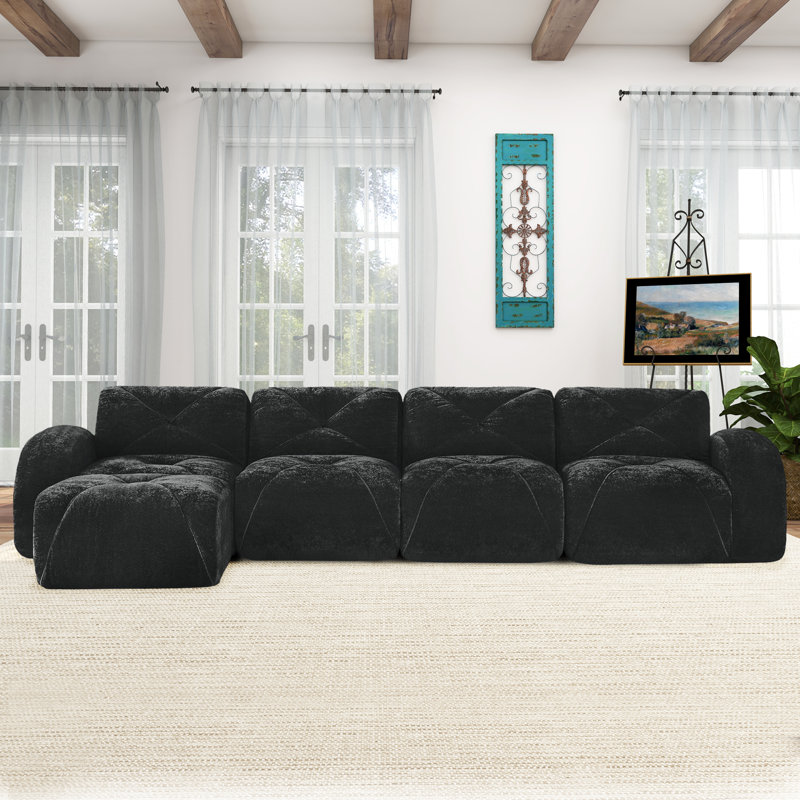 Ensemble de canapé en forme de L à compression de 140 pouces, canapé modulaire moderne à quatre places avec repose-pieds, canapé rembourré pour le salon ou la chambre à coucher, aucun assemblage requis.