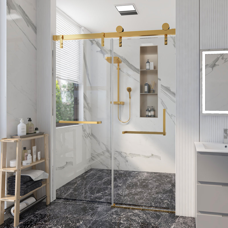 Porte de douche coulissante simple sans cadre l 60 po x H 76 po | Verre trempé amélioré de 0,31 po (8 mm) | Quincaillerie en acier inoxydable | Sécuritaire, résistant à l'explosion, transparent et élégant, robuste et durable
