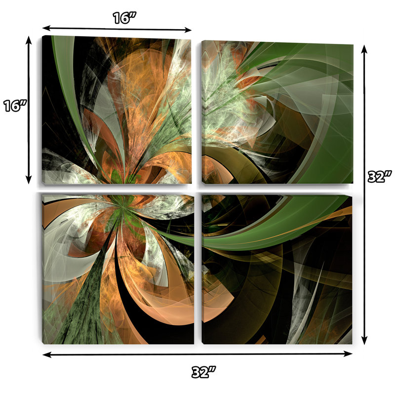 Orange et vert grande fleur fractale - ensemble de 4 reproductions d'art sur toile florales