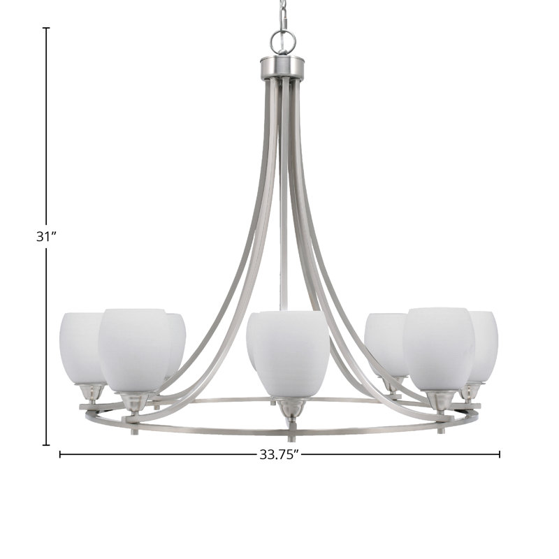 Lustre 8 lumières Paramount illustré avec verre de 5 po, Nickel brossé, Blanc, H 31 po x l 33,75 po x P 33,75 po