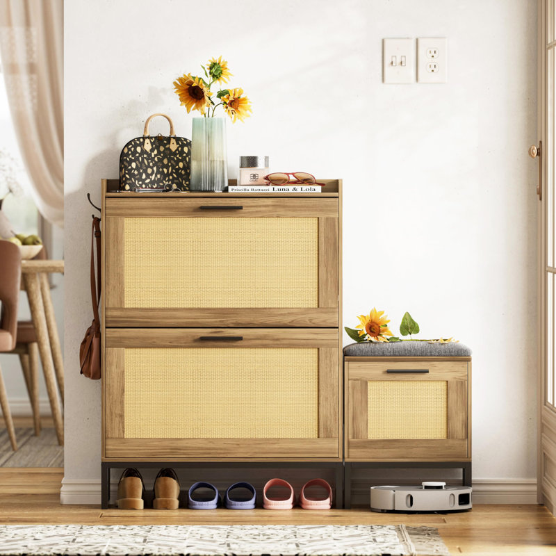 Armoire de rangement pour chaussures avec deux tiroirs rabattables, Chêne rustique