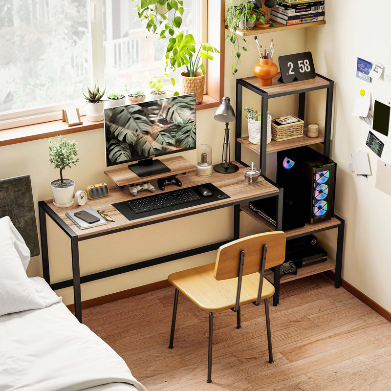 Brown Industrial Style 67" Reversible Home Office Computer Desk, Equipped With Monitor Stand, Printer & CPU Storage Rack, Practical Household Writing Table