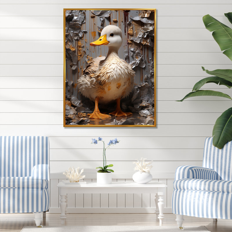 «Yellow Duck Feathered Elegance», art mural animal canard, Cadre flottant doré, H 44 po x l 34 po