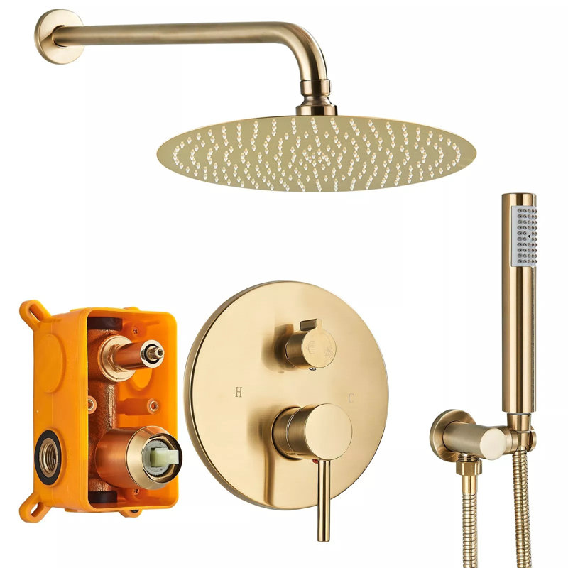 Brushed Gold Concealed Shower Mixer Set Round Twin Head Combo 2 Way Valve Taps