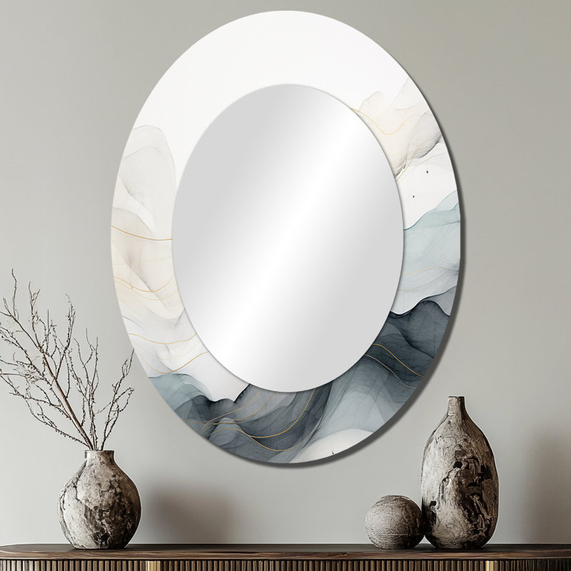 Blue Grey Line Art Conceptual Abstract II - Abstract Oval Decorative Mirror On Metal, 40" x 30"