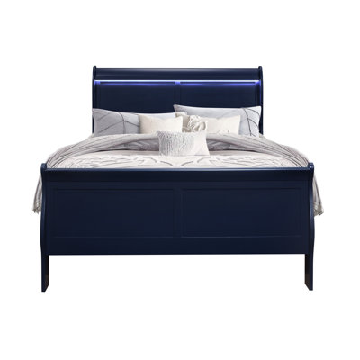 Lit double en bleu avec tête de lit à DEL, apparence, panneau en bois massif et fabrication, profondeur de 57,54 po, largeur de 85,14 po, hauteur de 47,06 po, lit de style transitionnel, style construction en bois d'hévéa, large, profond, haut
