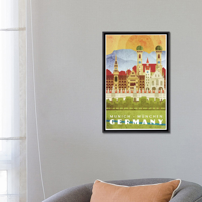 Allemagne-Munich par Missy Ames-impression d’art graphique, H 26 po x l 18 po x 1,5 po, Toile encadrée de bois rustique foncé
