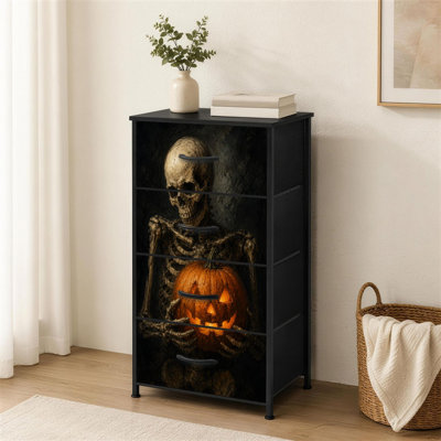 Commode à 4 tiroirs pour chambre à coucher avec squelette tenant une citrouille sculptée rougeoyante pour Halloween