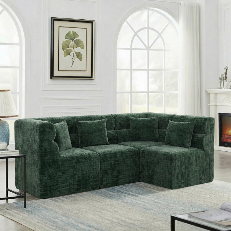Canapé modulaire moderne - canapé en L et tissu vert chenille ultra doux, canapé modulaire Cloud avec siège confortable et dossier unique Wave, aucun assemblage requis