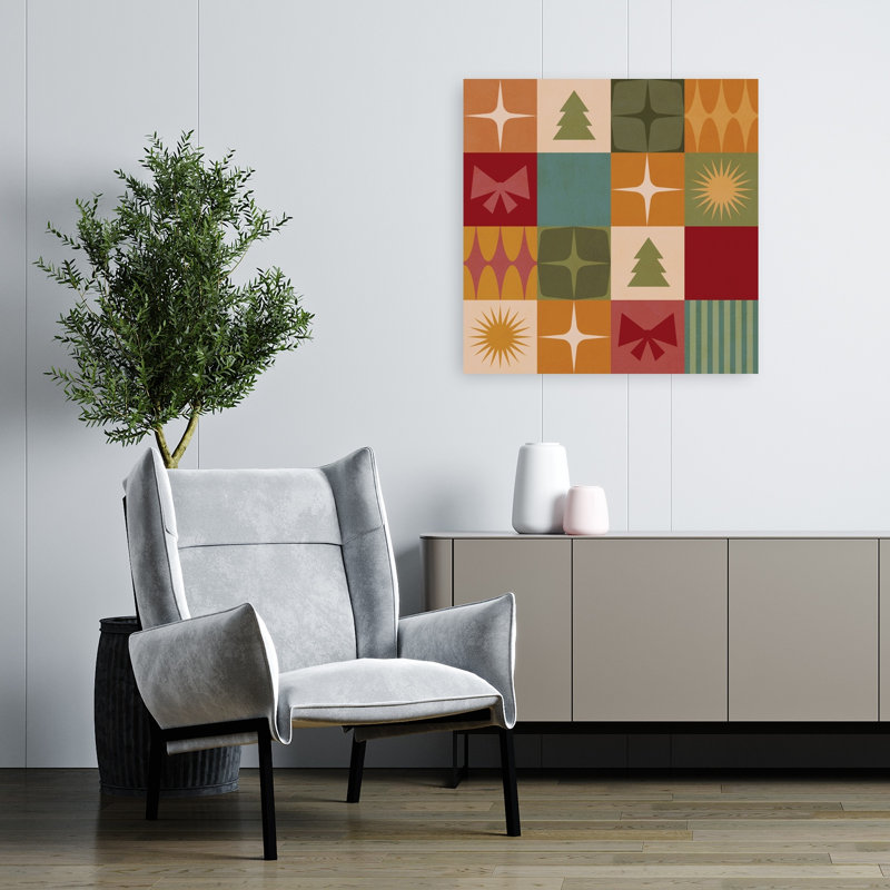Impression d'art mural avec motif de Noël abstrait et coloré géométrique style années 50, sapin de Noël et paysage d'hiver