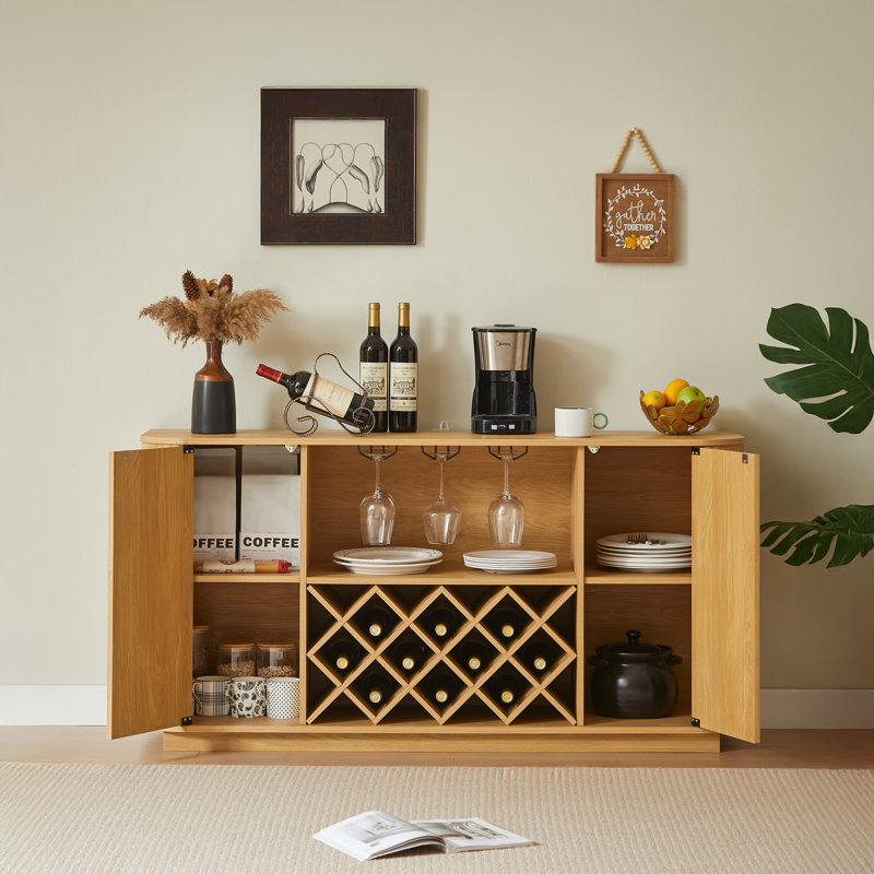 Mid-Century Wine Coffee Bar Cabinet, Adjustable Wine Rack  & Wine Glass Holder, Natural