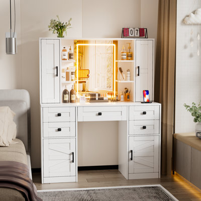 Rimersburg Farmhouse Vanity Desk With Makeup Mirror And Light - Makeup Vanity Table