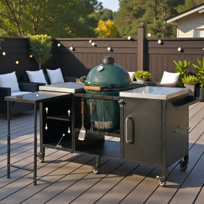 Îlot de cuisine extérieur, table de barbecue avec tablette de préparation dépliante, structure en métal, plateau en acier inoxydable, maison de campagne moderne, patio