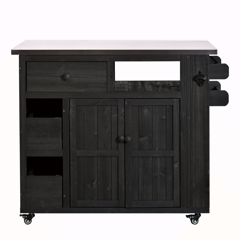 Outdoor Solid Wood Extendable 19.3''/28'' Kitchen Island, Stainless Steel Top Grill Table With Side Spice Rack, Kitchen Cart With Drawers, Storage Cabinet For Backyard, BBQ,Party