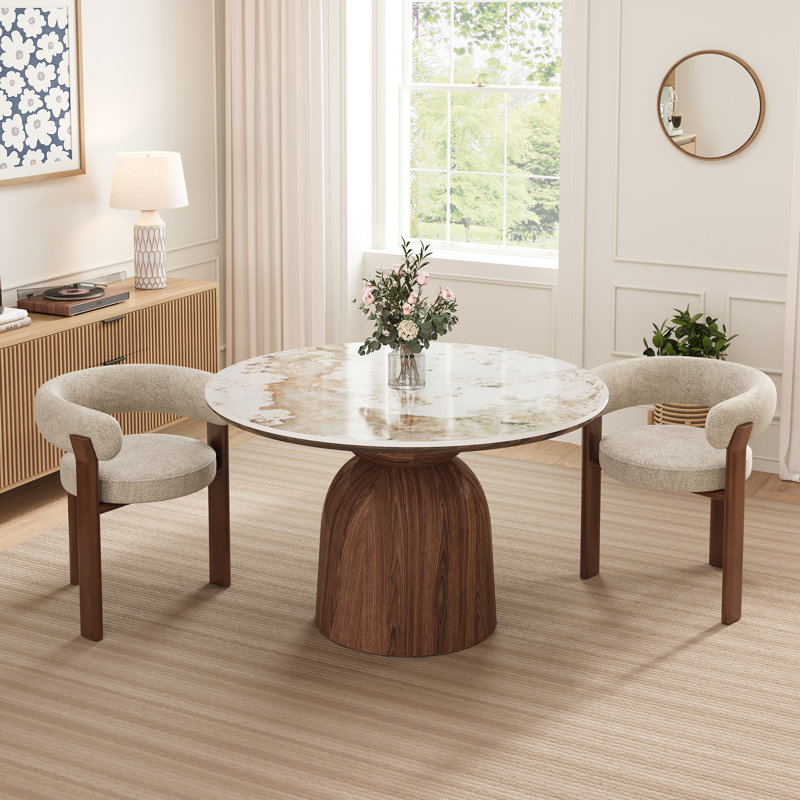 Adwin 3 - Piece Round Pedestal Dining Table Set with 2 Boucle Arm Chairs & Metal Legs, Beige, 3 Pieces: Table, 2 Chairs