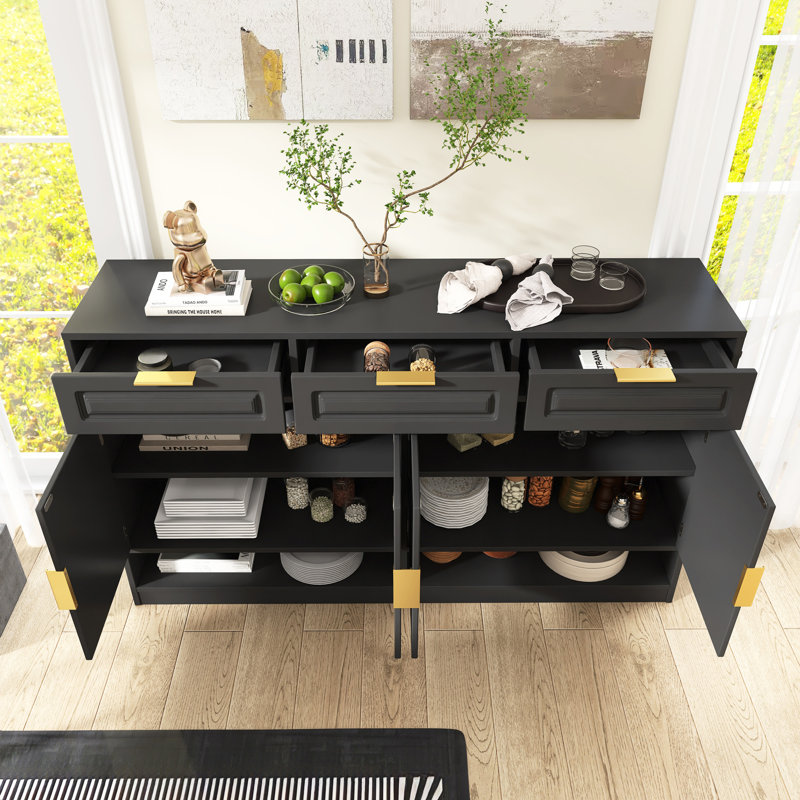 Buffet de ferme 59,1 "avec tablettes réglables et 3 tiroirs, Noir