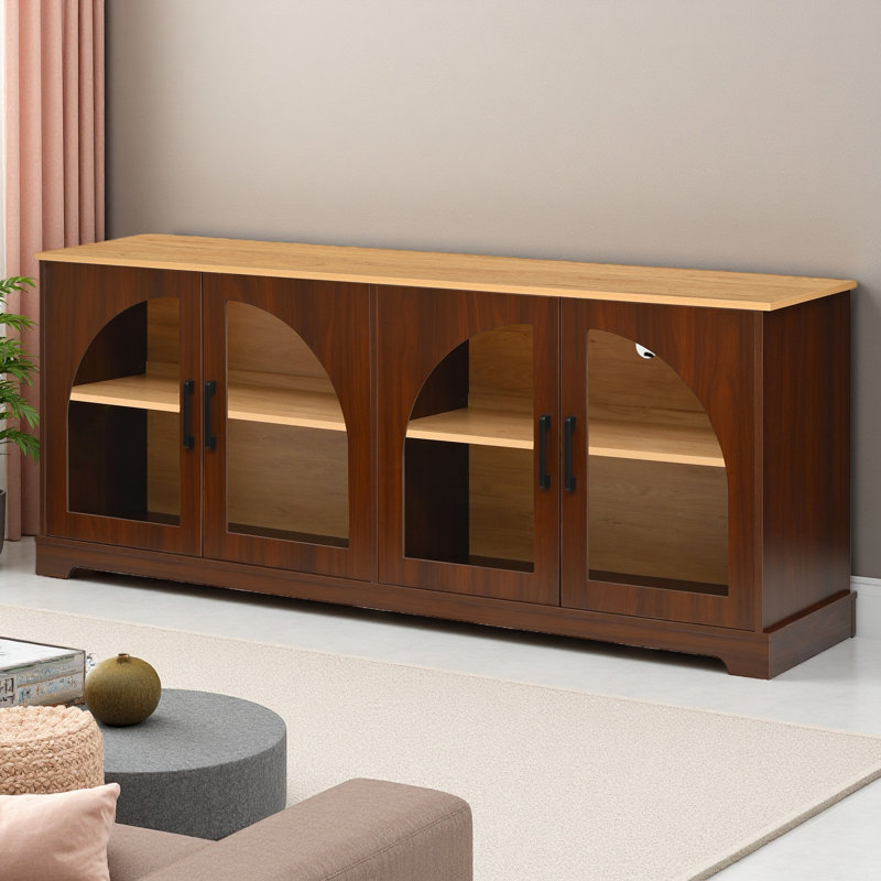 66.9" Sideboard With Storage, Farmhouse TV Stand With 4 Semi-Arched Glass Doors, Wood Grain Sideboard With Adjustable Shelves And Cable Management