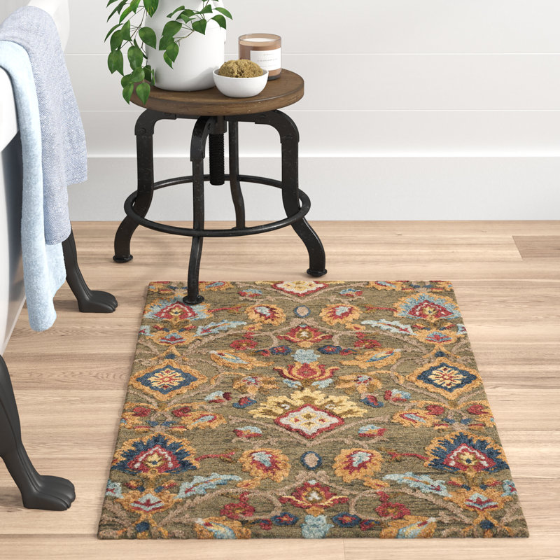 Floral Wool Hand Tufted Area Rug, Rectangle 152 x 244 cm, Green/Brown