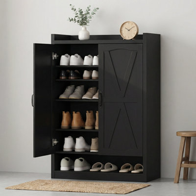 31.5'' Farmhouse Shoe Storage Cabinet With Barn Doors, Wood Entryway Organizer With Open Shelf And Adjustable Shelves