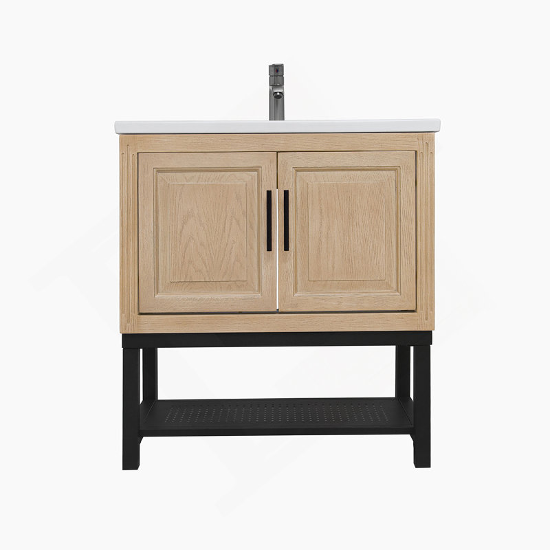 Meuble-lavabo 32 po avec lavabo en céramique et robinet d'eau chaude et froide, armoire de salle de bain autoportante avec 2 portes de rangement et tablette ouverte en fer pour la salle de bain