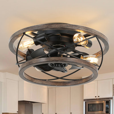 18'' Farmhouse Caged Ceiling Fan with Light Kit and Remote Flush Mount Ceiling Fan 6-speed 4-Light Reversible Blades for Bedroom, Attic 