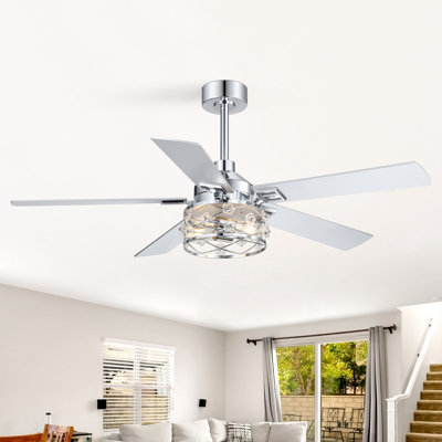 52'' Ceiling Fan with Light and Remote, 5-Blade Fan with Decorative Cage Glass Shade, Quiet Reversible DC Motor, 6 Speeds, Chrome