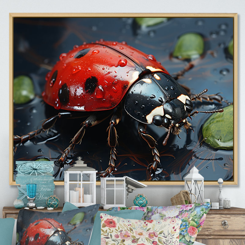 Curious Ladybug Crimson Serenity I - impression, H 30 po x l 40 po x P 1,5 po, Cadre naturel flottant