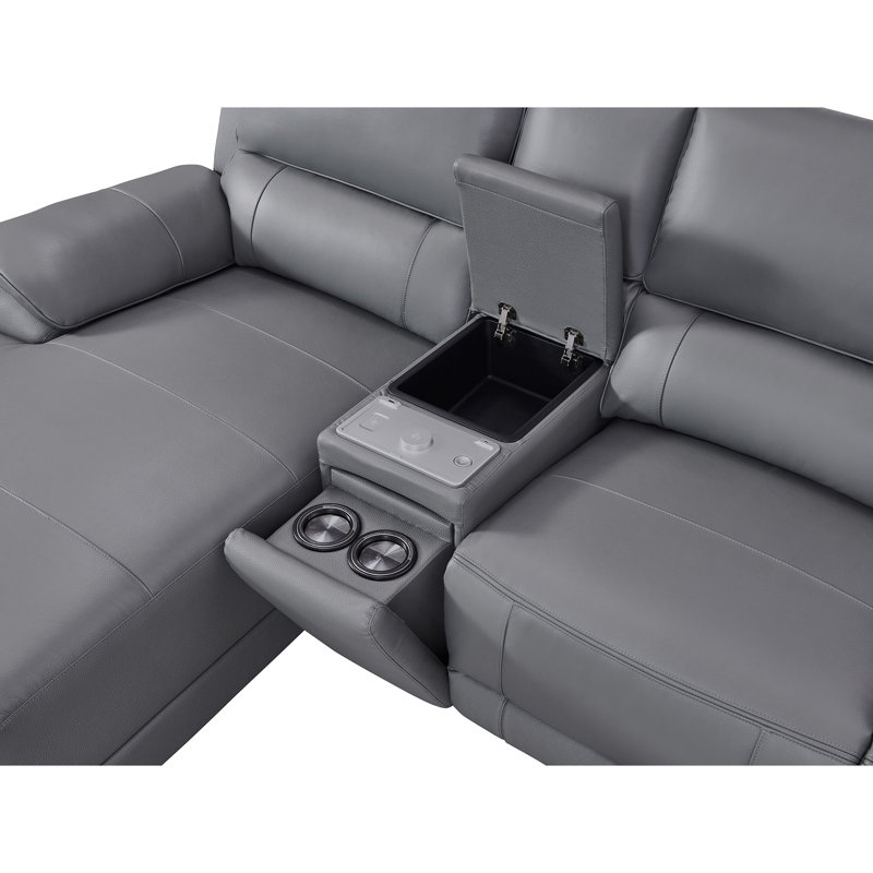 Carrabelle Leather Power Recliner Console,USB Port, Left Hand Facing, Grey Genuine Leather