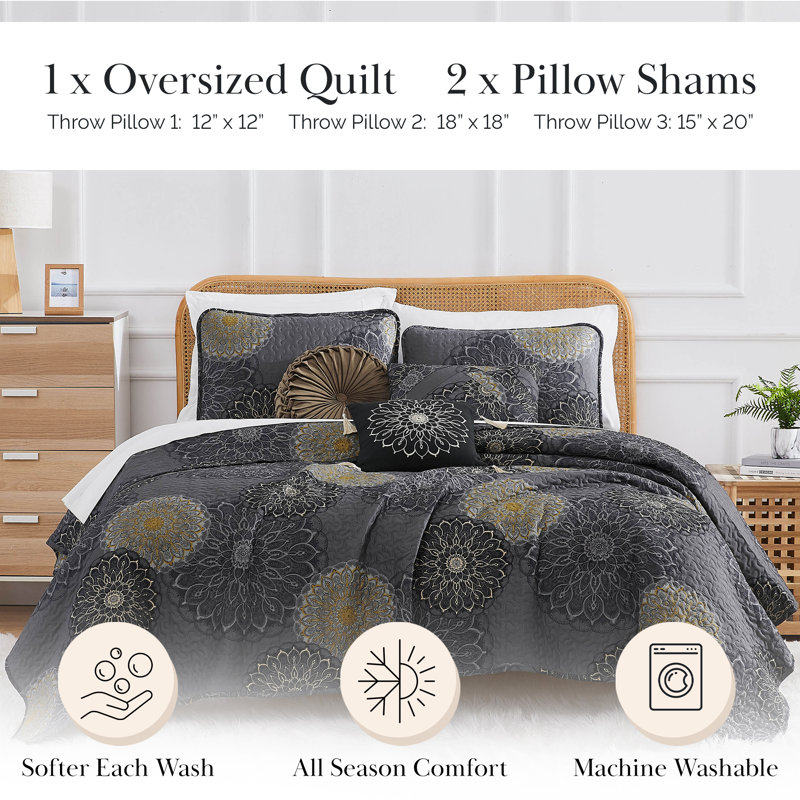 Ensemble de courtepointe en microfibre 6 pièces Midnight Floral Collection par Southshore Fine Linens, Noir