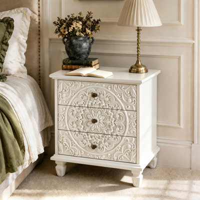 Vintage Wood 3 - Drawer Nightstand, Carved Embossed Accent Chest for Bedroom Living Room