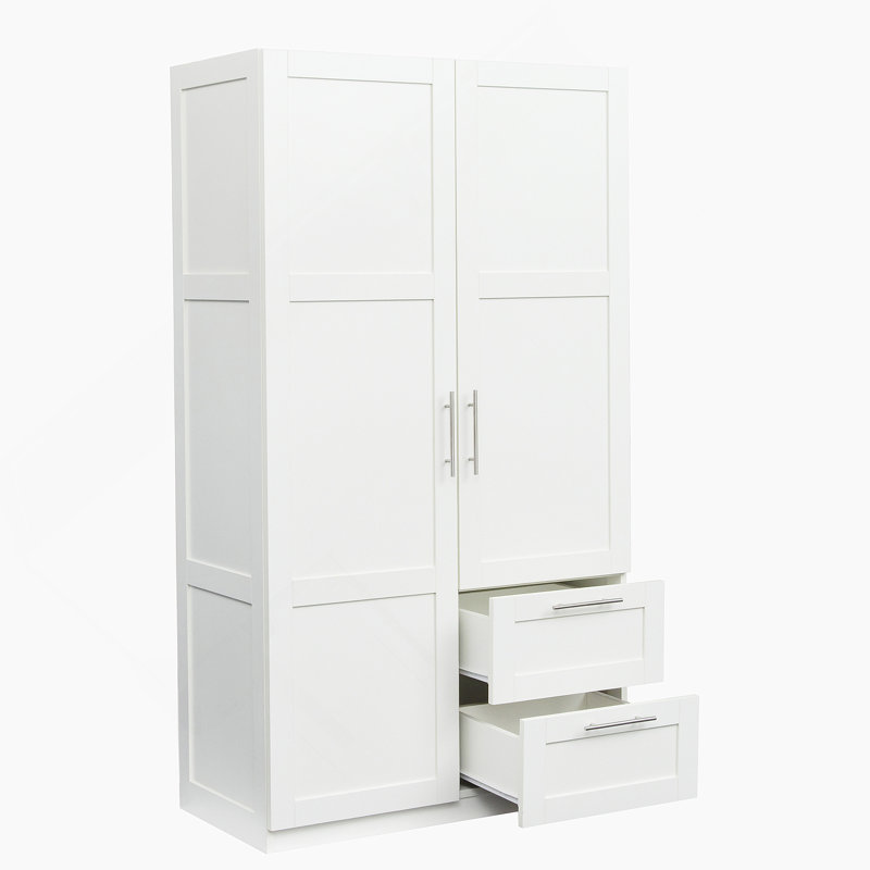 Armoire haute à 2 portes avec tiroirs et espaces, blanc