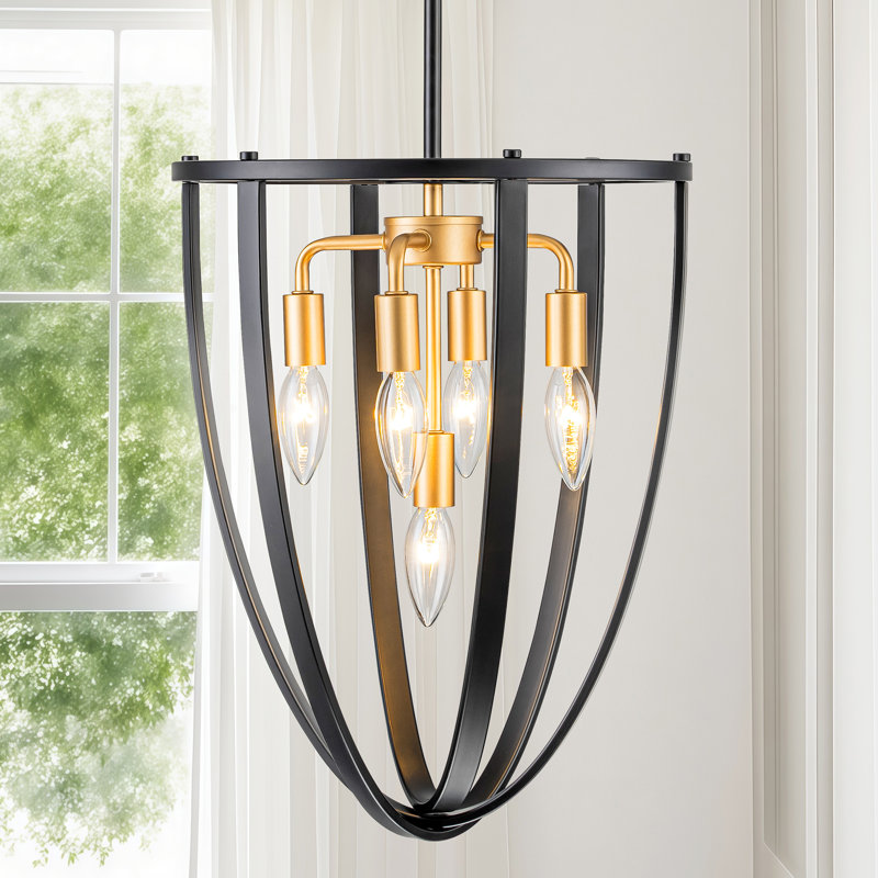Luminaire suspendu géométrique de style lustre à 5 lumières Kaylaa, Noir mat / Or