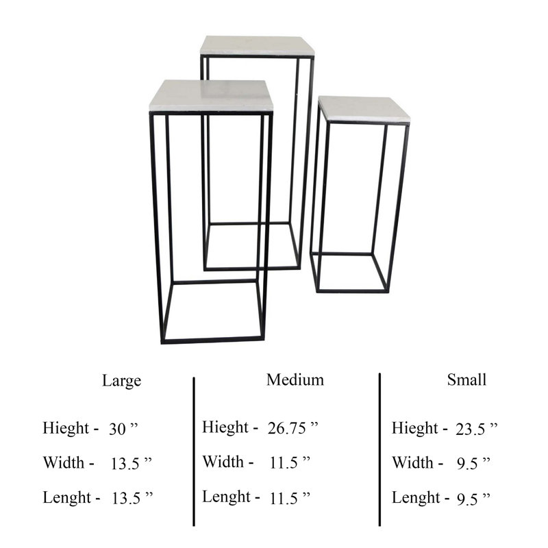 Plant Stand Table Set Of 3, Black Metal, Square White Marble Top