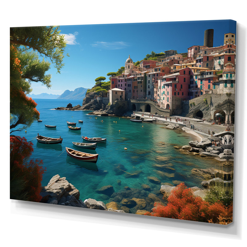 Décoration murale sarcelle Italie Cinque Terre II - paysages urbains, H 16 po x l 32 po, Toile tendue