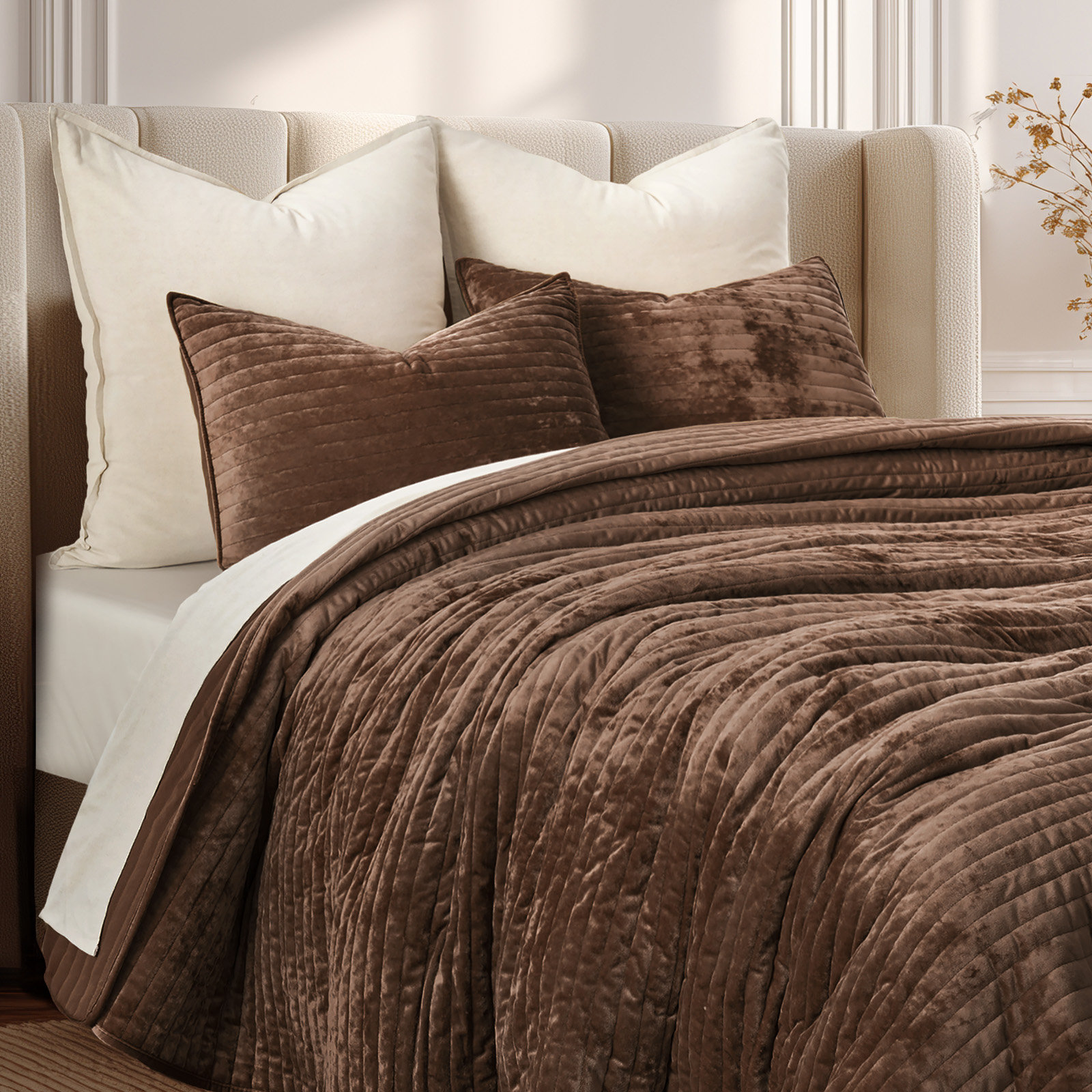 Striped Channel Velvet Quilt Set, King, Rust Brown