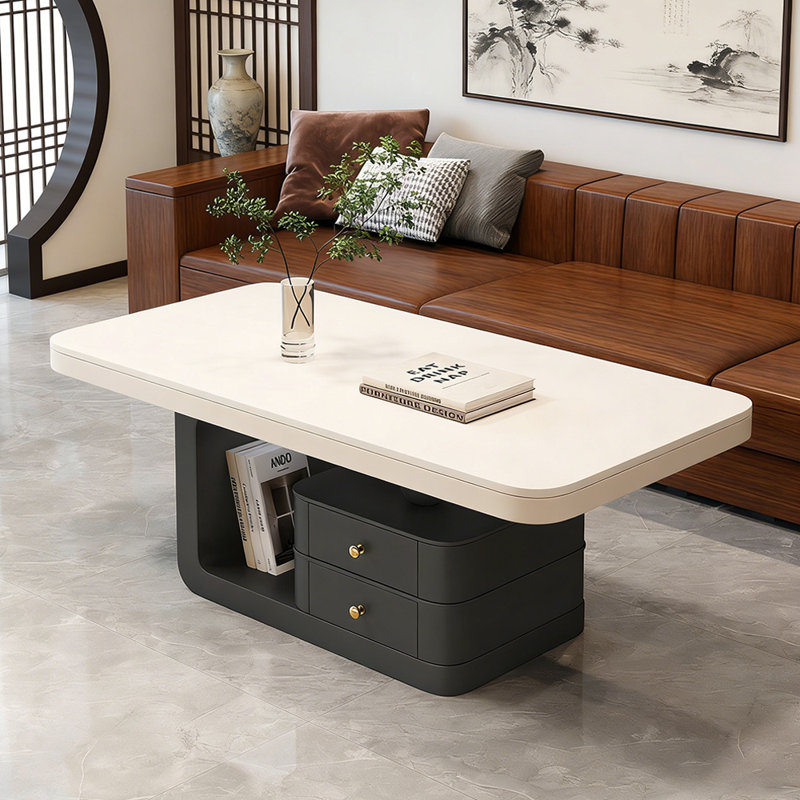 Luxury Slate Top Silent Drawer Coffee Table, White, Black, 16.53" H x 51.18" L x 27.55" W