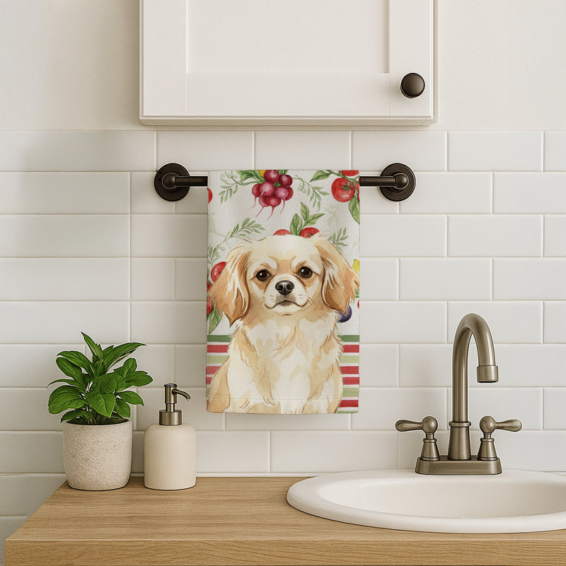 Cream Tibetan Spaniel Vegetables Kitchen Towel, Cream Tibetan Spaniel