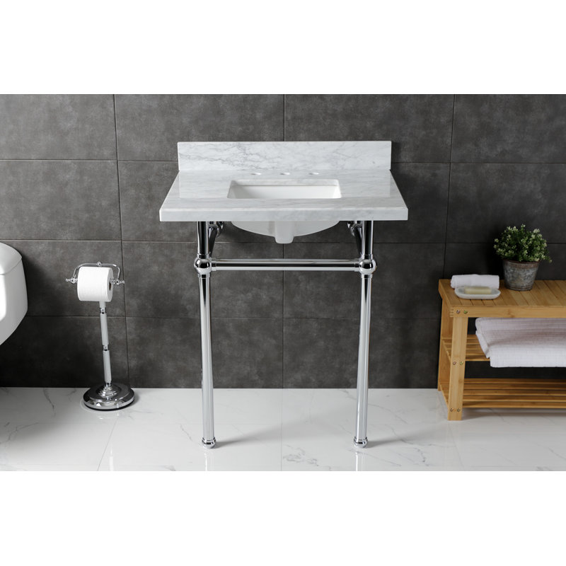 Kingston Brass Templeton 30-Inch Carrara Marble Console Sink with Brass Legs (8-Inch, 3-Hole), Marble White/Polished Chrome
