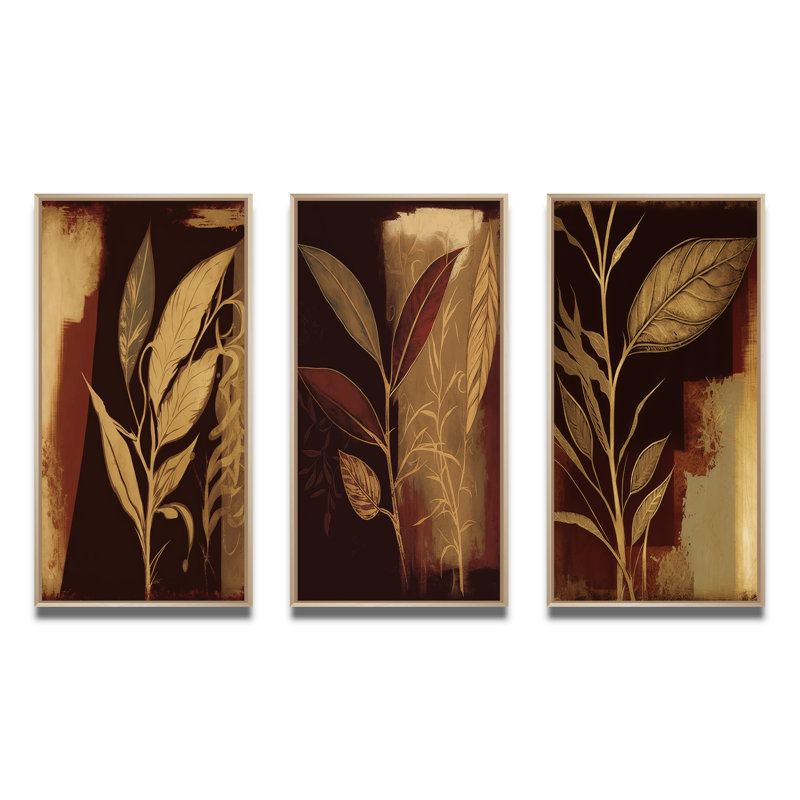 «Terra Cotta Chocolate Leaves», 3 pièces sur toile, Cadre naturel flottant, H 40 po x l 60 po