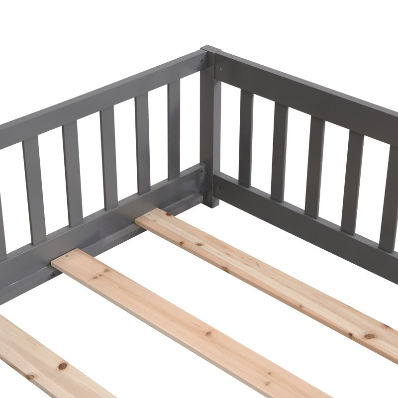 Twin Size Floor Bed With Door,Solid Wood Platform Bed Frame With Fence,Suitable For Children,Pine Wood, Twin, Gray