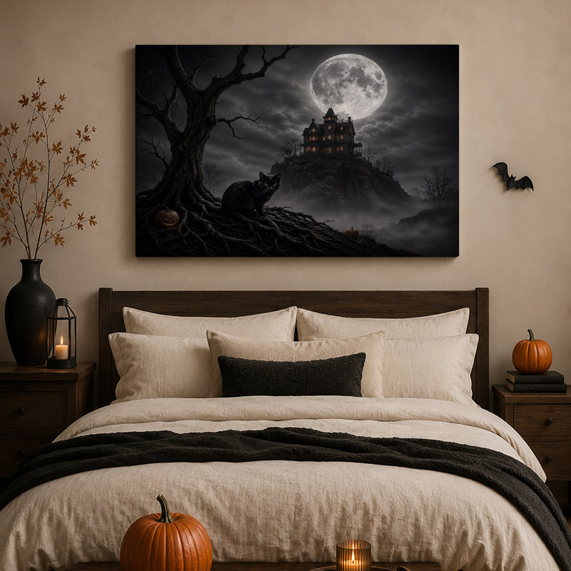 Art mural sur toile Spooky Black Cat Near Haunted House Under Full Halloween, H 20 po x l 30 po