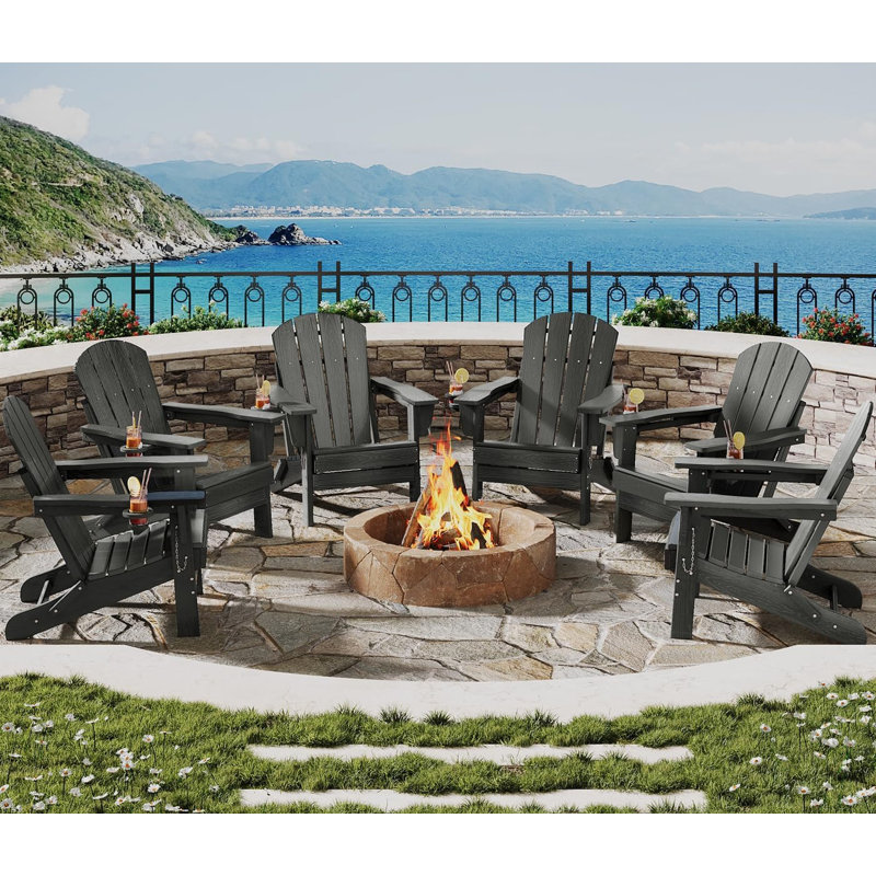 6pcs Folding HDPE Adirondack Chair with Cup Holder, Wood-Grain Texture, All-Weather Outdoor Patio Seating for Decks, Gardens, Fire Pit