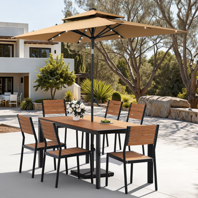 Ensemble de salle à manger en aluminium pour 6 personnes avec chaises empilables, parasol solaire à DEL et base lestée