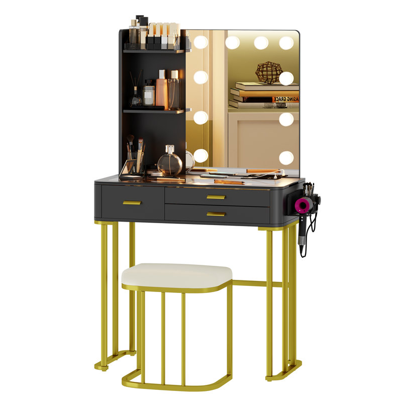 Dressing Table with Mirror, Black/Gold